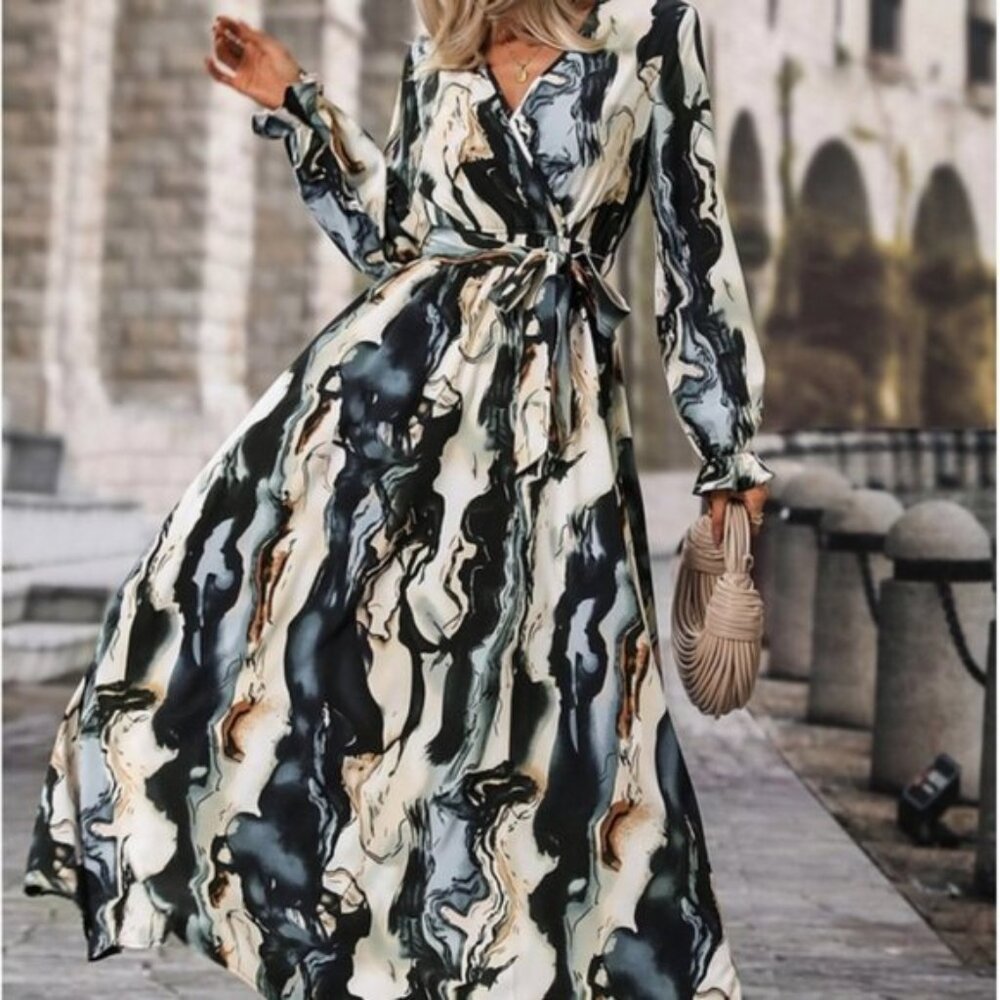 Marble art Print Belted Flounce Sleeve A-Line mAXI Dress